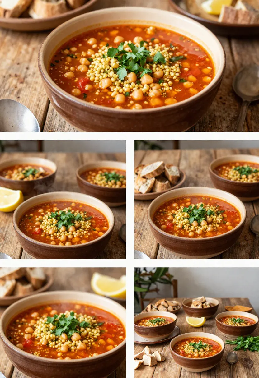 Four images showing Chorba Frik soup served and shared at table