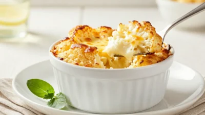 Golden twice-baked cauliflower soufflé hero dish