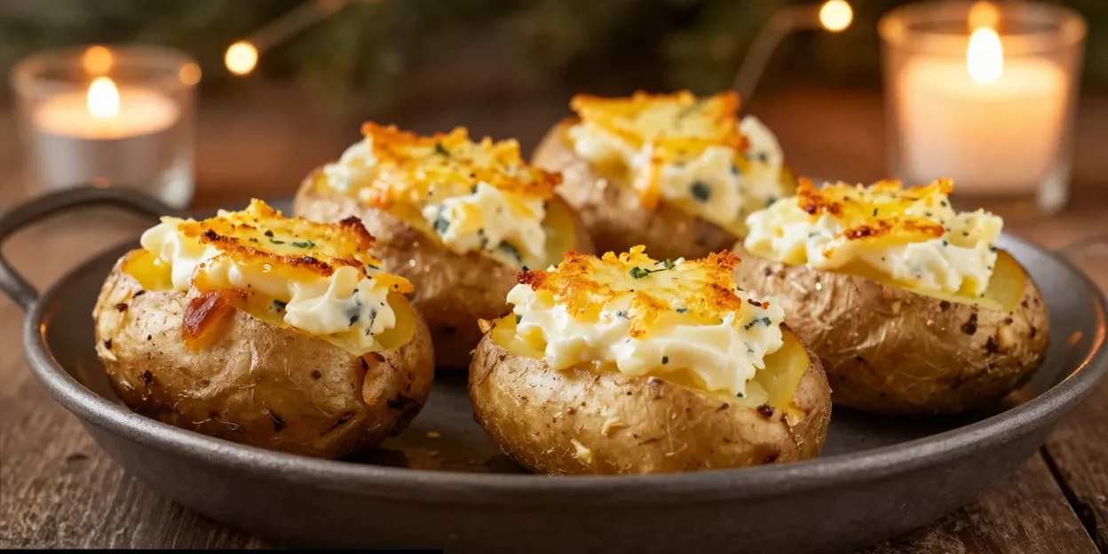 Blue cheese twice-baked potatoes with crispy tops in a warm festive setting