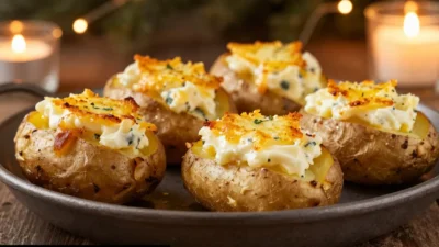 Blue cheese twice-baked potatoes with crispy tops in a warm festive setting