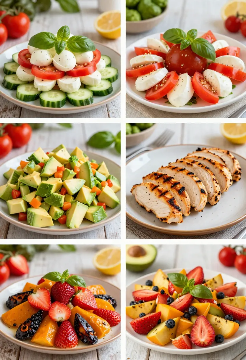 Cucumber Caprese salad variations with avocado, chicken, and fruit