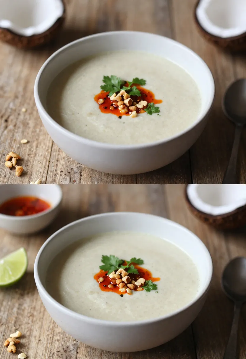 Coconut parsnip soup served simply and with toppings in a cozy natural setting