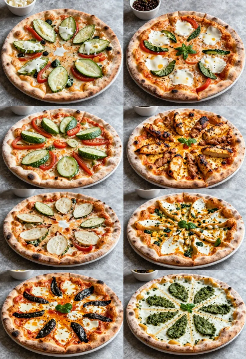 Collage of different flatbread pizza variations with veggies and toppings