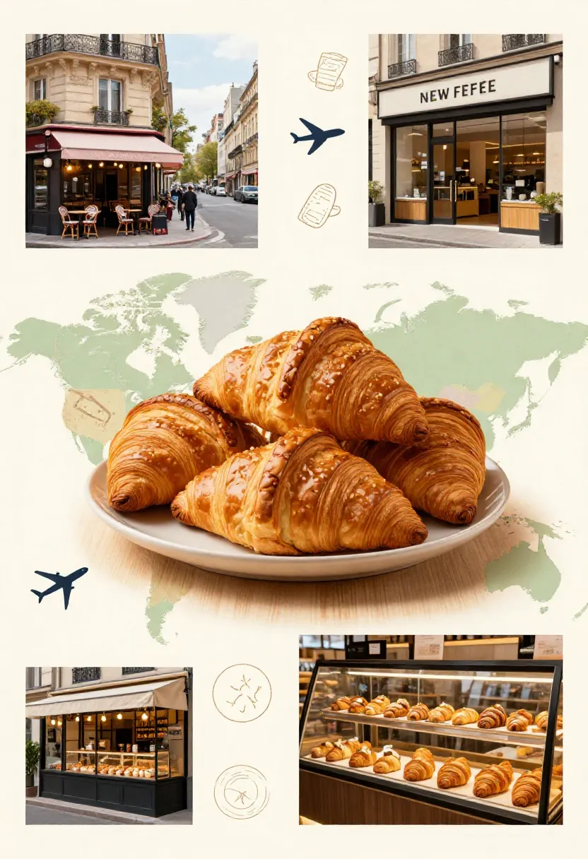 Croissants shown in global café scenes across different cities.