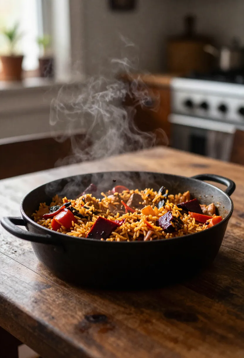 Warm cozy scene with a pot of freshly cooked jambalaya