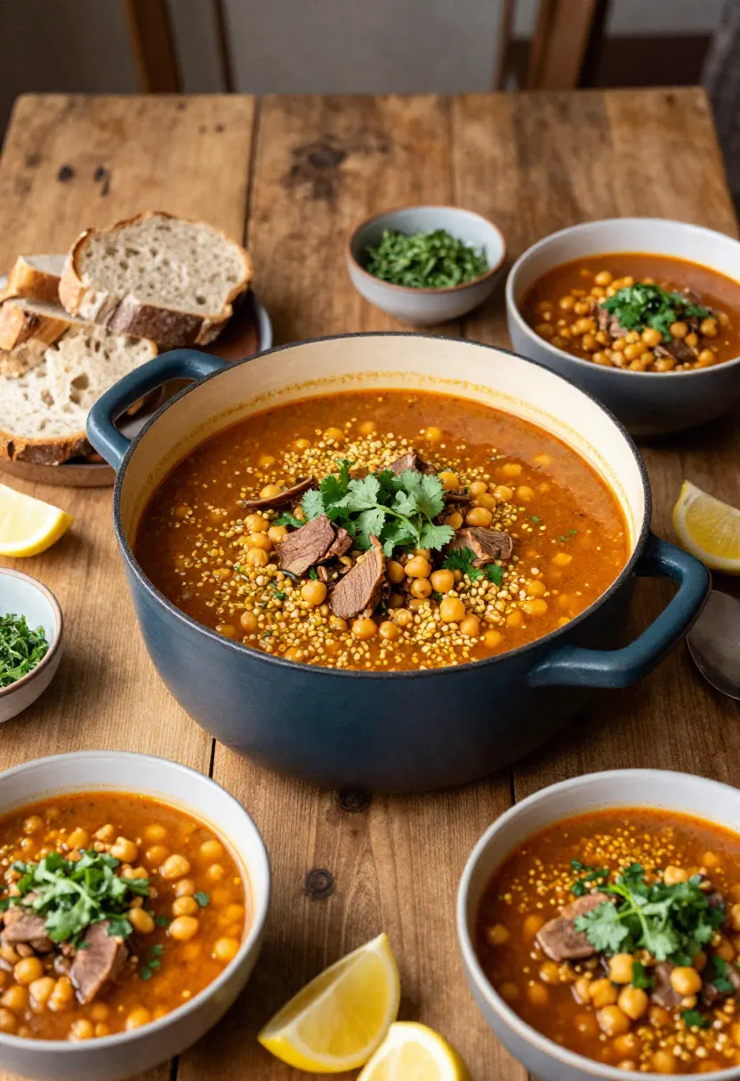 People sharing bowls of Chorba Frik soup around a table