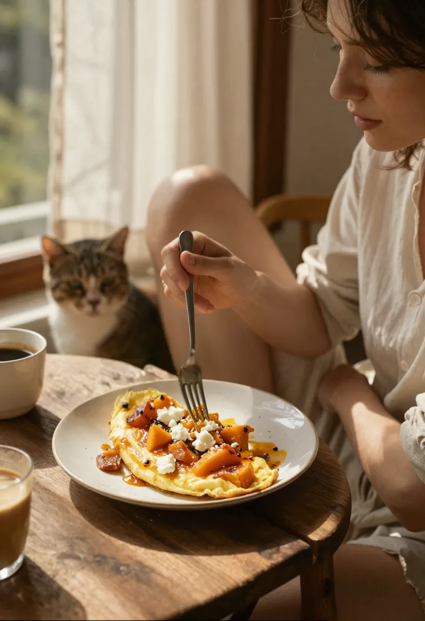 Person enjoying pumpkin and feta omelette on a veranda with a pet nearby