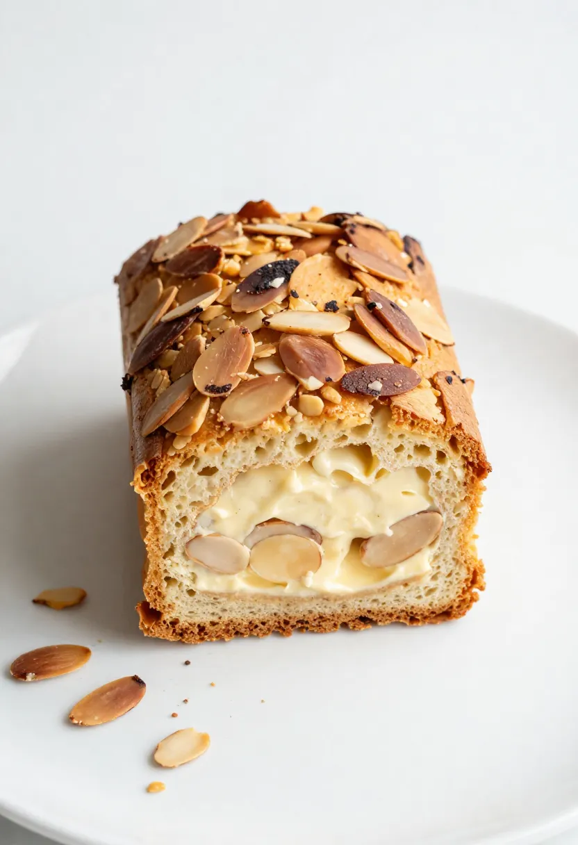 Bostock dessert showing creamy inside and crispy almond topping