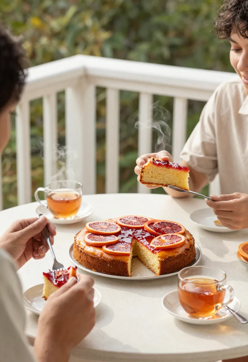 Two people enjoying cake and tea on a sunny veranda