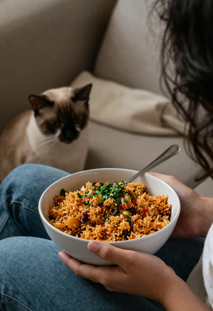 Person enjoying Mexican fried rice at home with a pet nearby