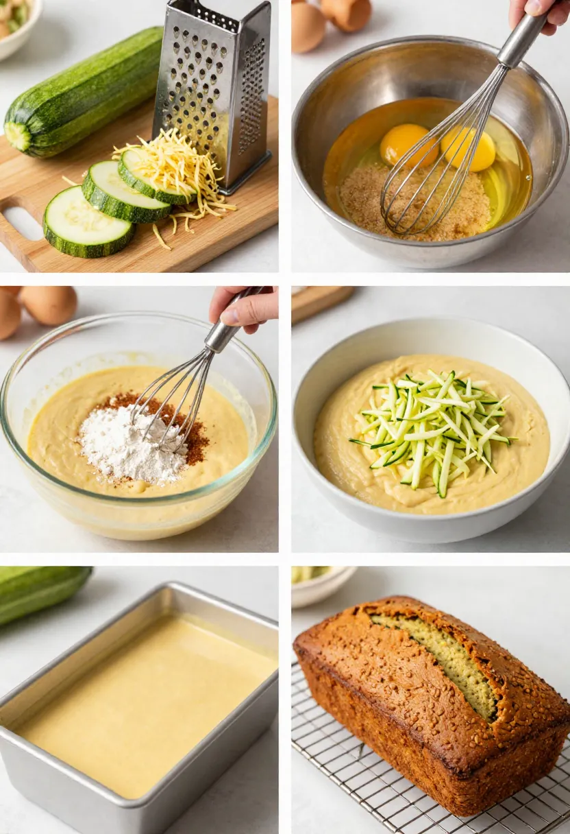 Step-by-step zucchini bread recipe collage showing baking process