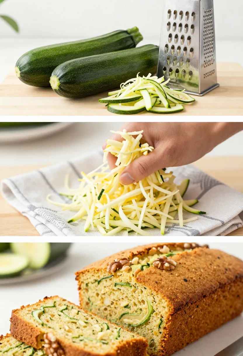 Zucchini preparation and sliced zucchini bread collage