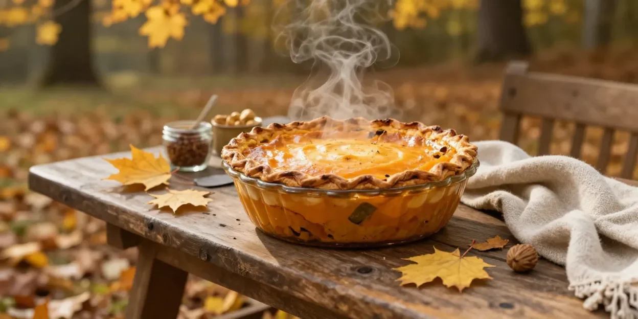 Pumpkin shepherd’s pie in a cozy autumn outdoor setting
