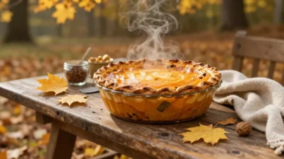 Pumpkin shepherd’s pie in a cozy autumn outdoor setting