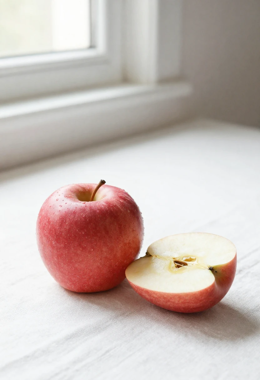 Whole and sliced red apple on linen surface showing fiber rich everyday fruit