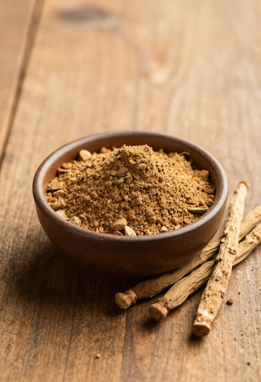 Ashwagandha root powder in a ceramic bowl with dried roots on a wooden surface