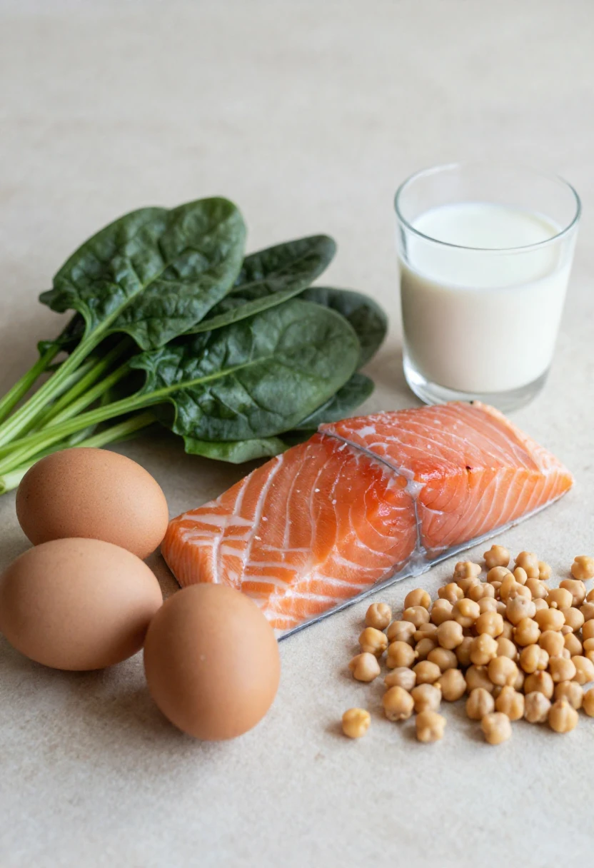 Foods rich in B vitamins including eggs, salmon, spinach and chickpeas on a stone surface