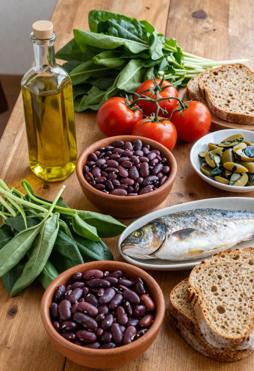 Mediterranean diet foods for long term disease prevention including vegetables fish and olive oil