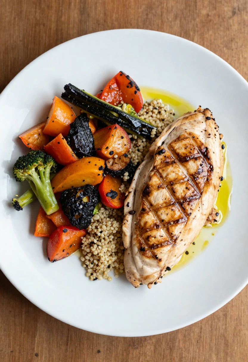 Balanced portion plate with vegetables protein and whole grains for healthy weight management