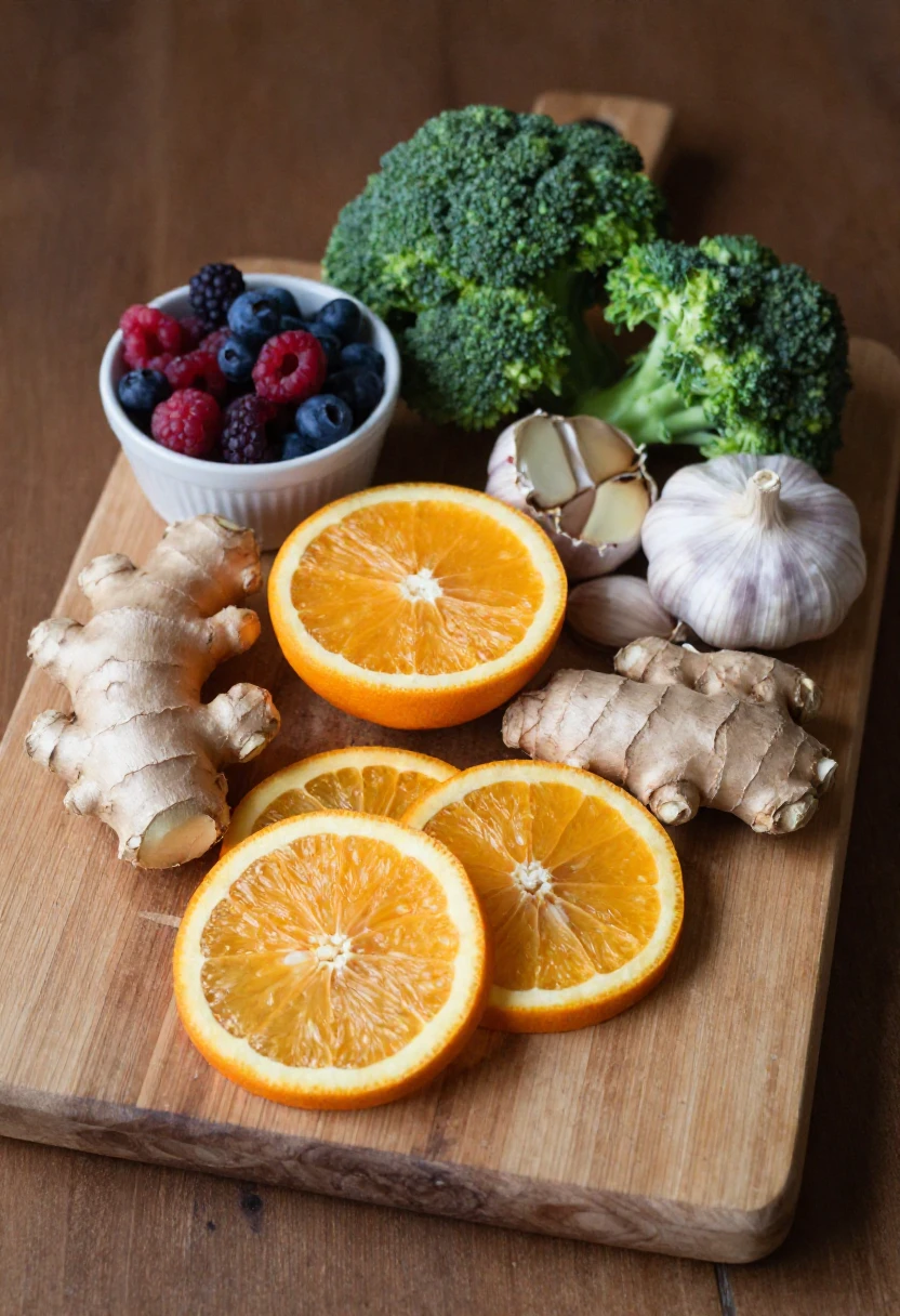 Immune boosting foods including citrus ginger garlic and berries on a cutting board