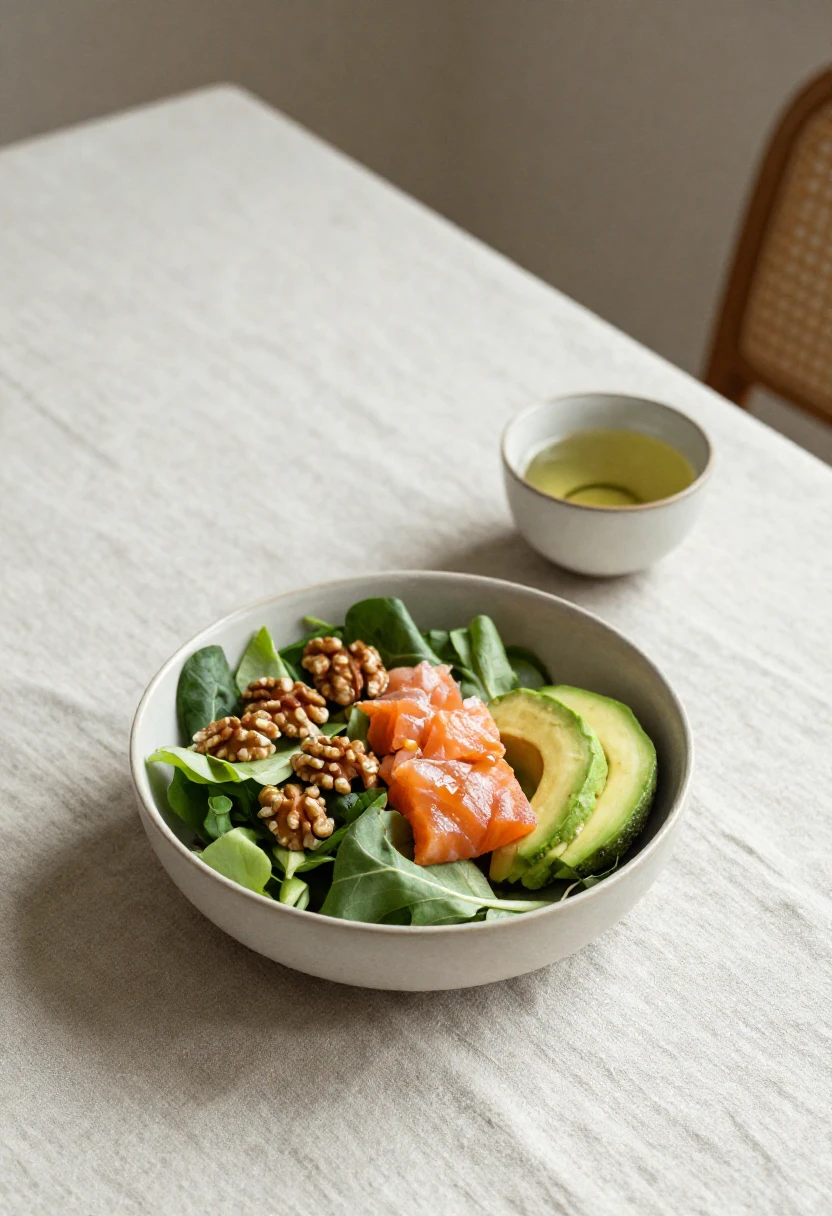 Brain healthy foods including salmon walnuts avocado and green tea for better mood