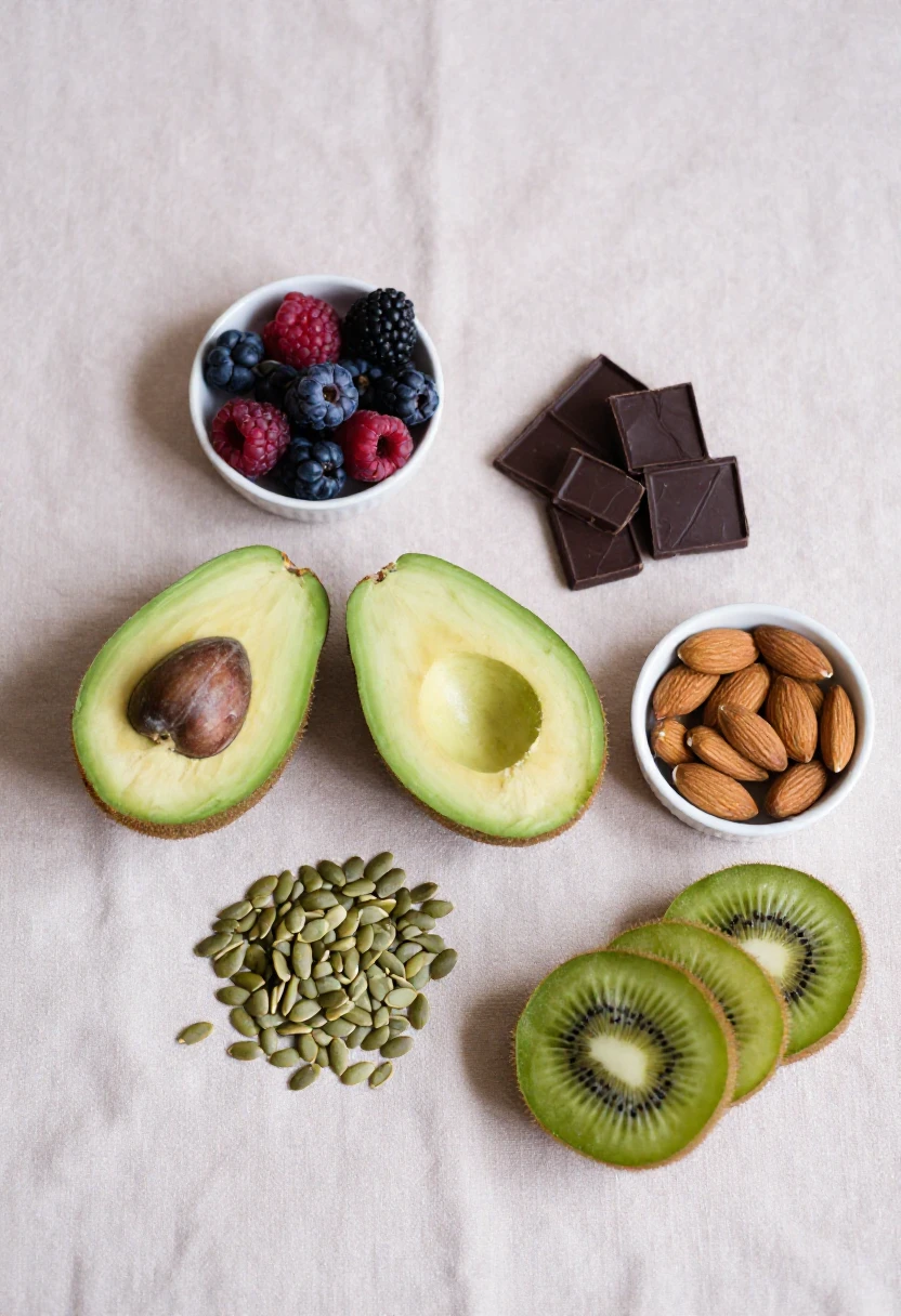 Nutrient rich foods for glowing skin strong hair and better sleep including avocado berries and nuts
