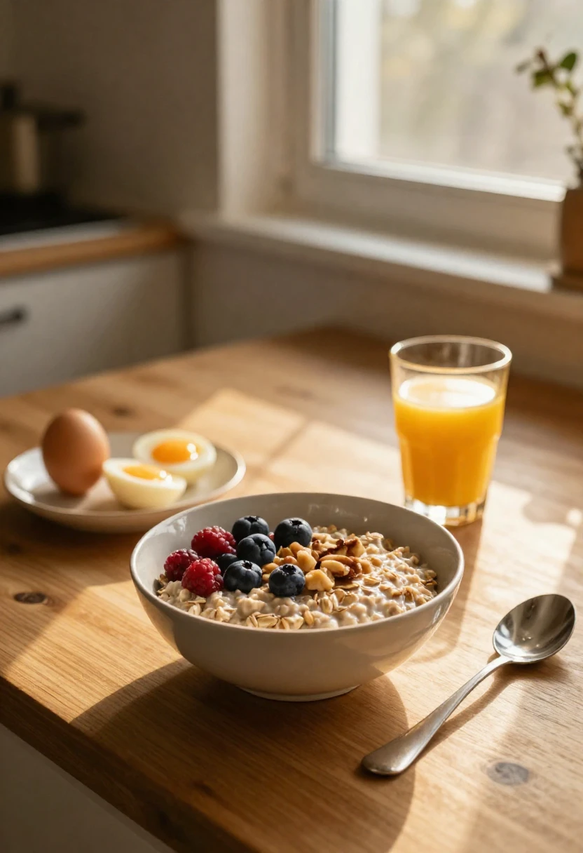 Nutritious breakfast with oatmeal berries and eggs for sustained energy