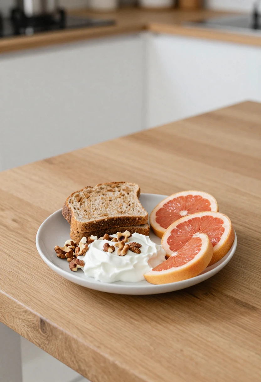 Balanced breakfast with yogurt, nuts, toast, and grapefruit showing a sensible way to include grapefruit in a healthy diet