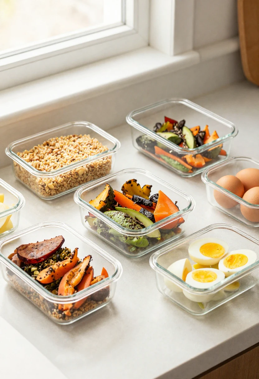 Weekly meal prep containers with cooked grains, roasted vegetables and eggs on a kitchen counter