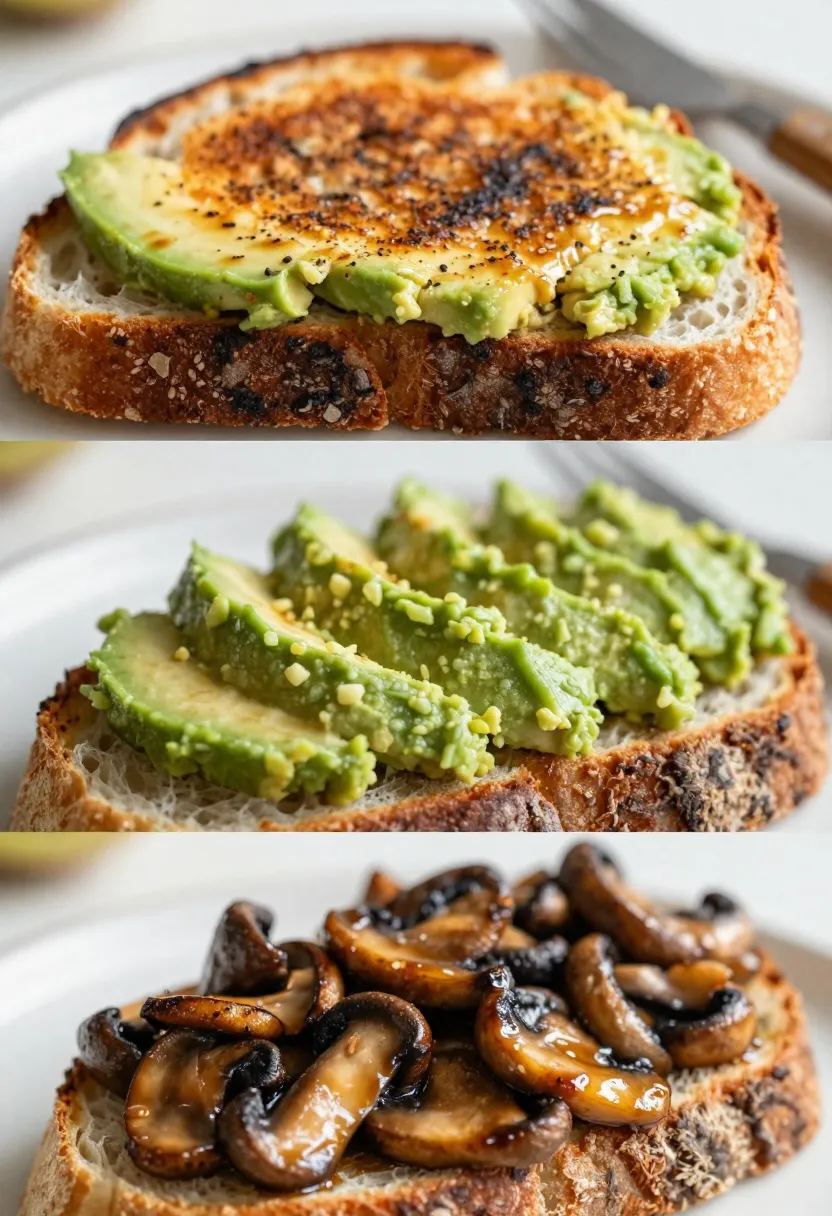 Collage of sourdough toast, creamy avocado, and miso mushrooms highlighting texture contrast