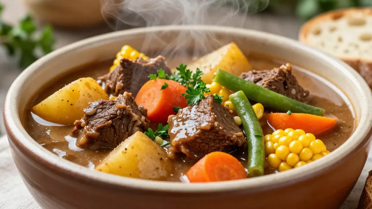 Thick beef and vegetable stew in a rustic bowl with tender meat and colorful vegetables in a warm festive setting.