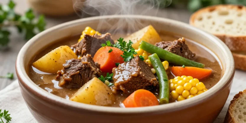 Thick beef and vegetable stew in a rustic bowl with tender meat and colorful vegetables in a warm festive setting.