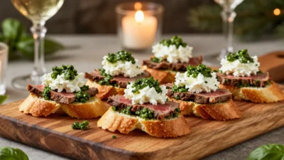 Beef crostini with goat cheese and pesto on festive table
