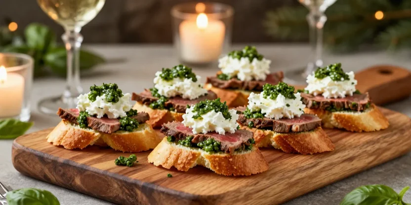 Beef crostini with goat cheese and pesto on festive table