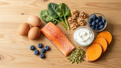 A flat lay of the best foods for healthy hair including eggs, salmon, spinach, walnuts, and berries on a wooden surface