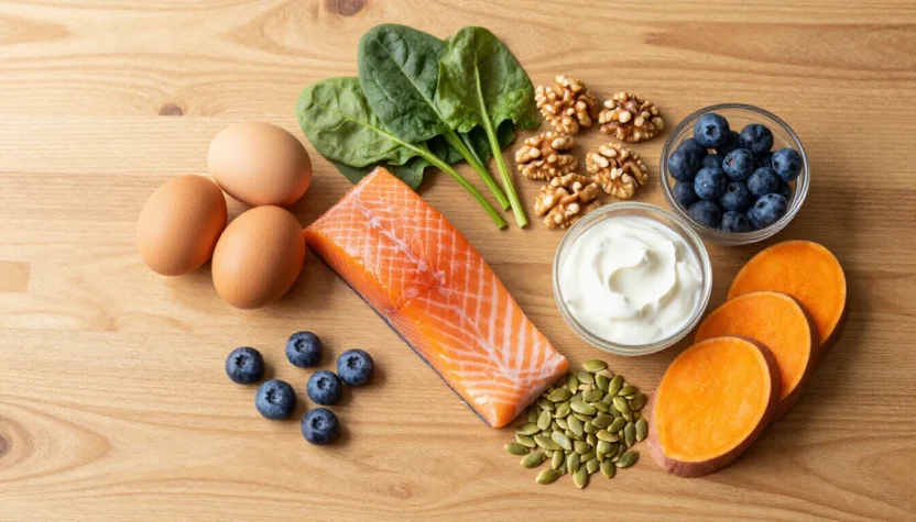 A flat lay of the best foods for healthy hair including eggs, salmon, spinach, walnuts, and berries on a wooden surface