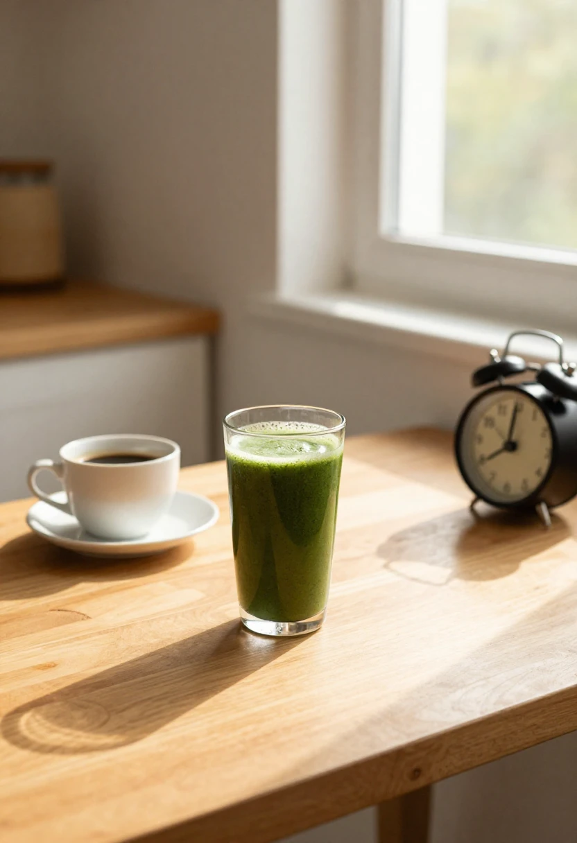 Best time to take spirulina — morning smoothie with coffee and clock on breakfast table