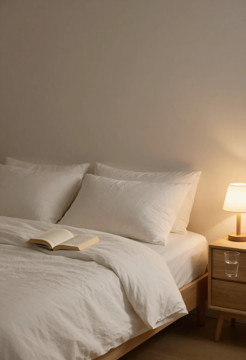 A cozy minimal bedroom with white linen, warm lamp light, and a book on the pillow for a restful sleep routine