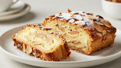 Elegant almond bostock dessert with brioche elements in refined presentation