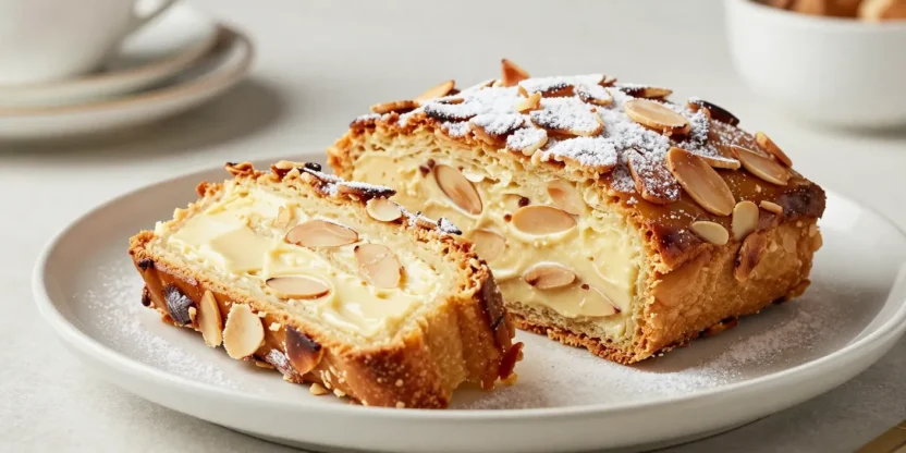 Elegant almond bostock dessert with brioche elements in refined presentation