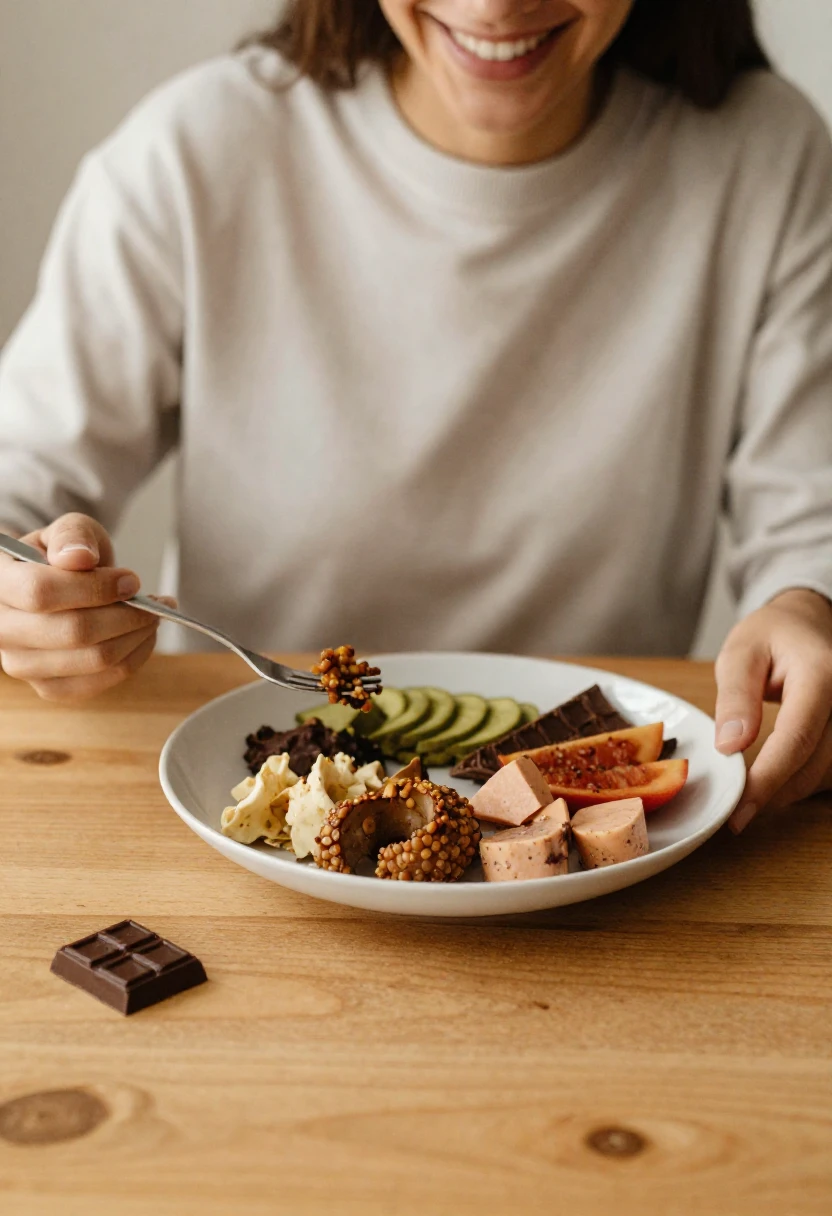 Person enjoying a balanced meal with a piece of dark chocolate representing a healthy flexible mindset around food