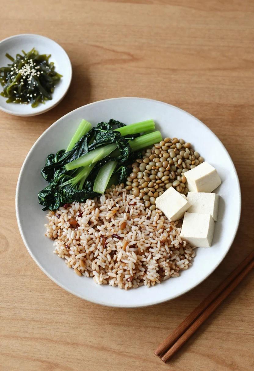 Balanced macrobiotic plate with grains, vegetables and plant protein