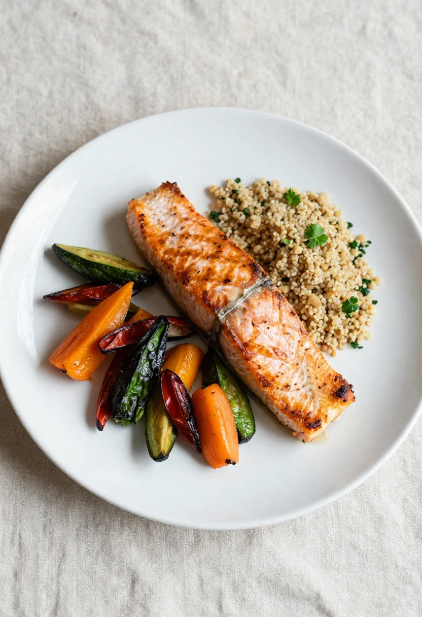 Balanced plate with salmon, roasted colorful vegetables and quinoa representing real food nutrition
