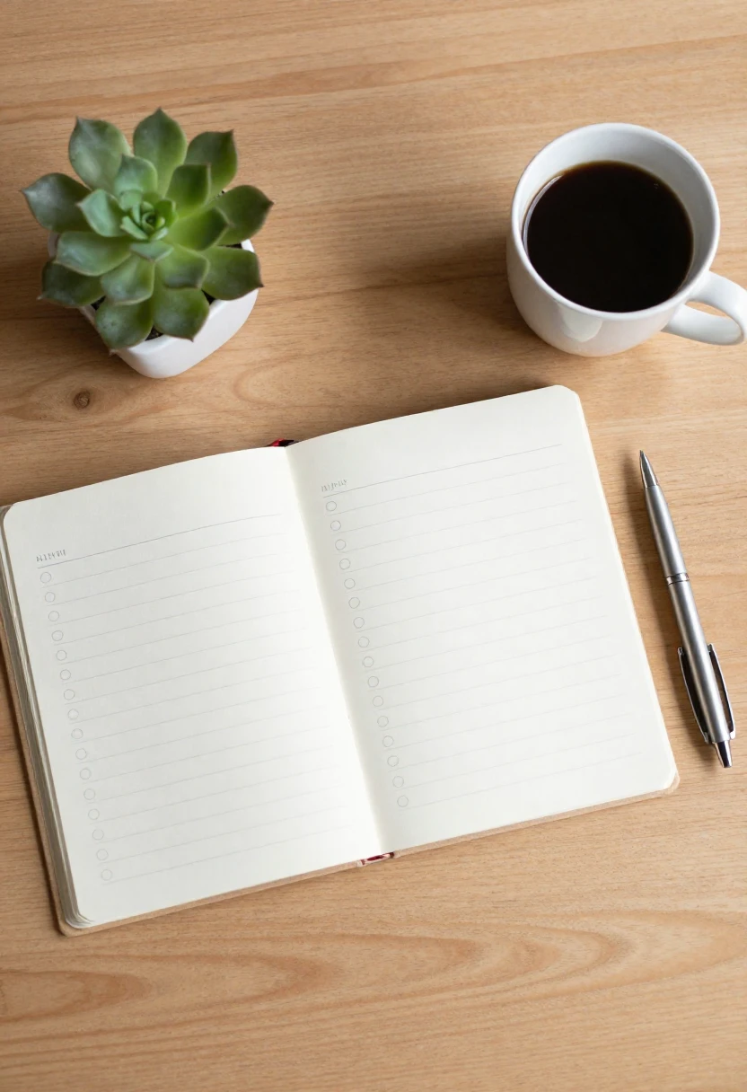 A habit tracker notebook with a cup of coffee and a succulent plant on a wooden desk in warm morning light