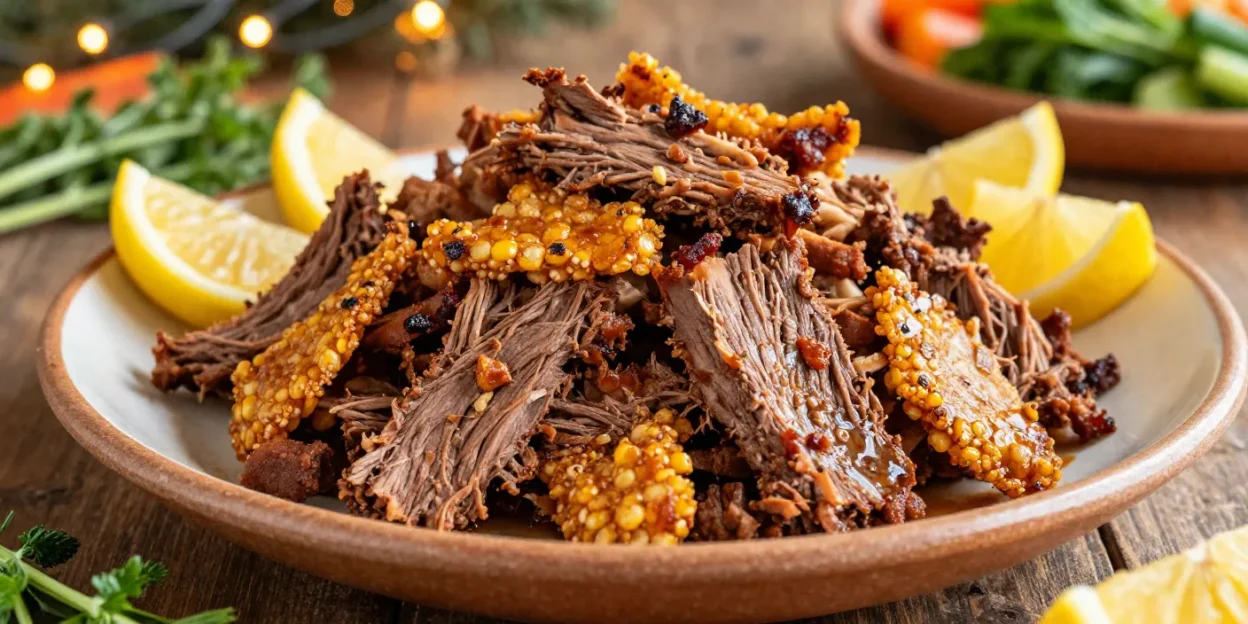 Carnitas-style corned beef with crispy edges on festive table