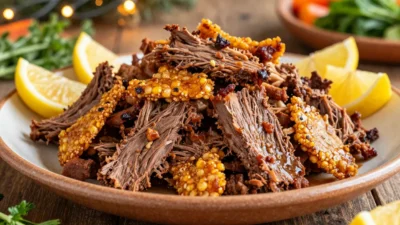 Carnitas-style corned beef with crispy edges on festive table