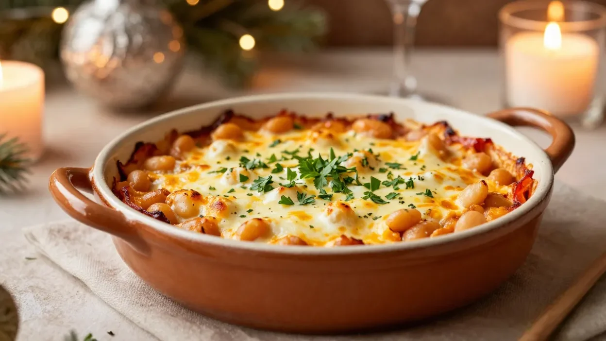 Cheesy white bean bake in a festive cozy setting with warm lighting