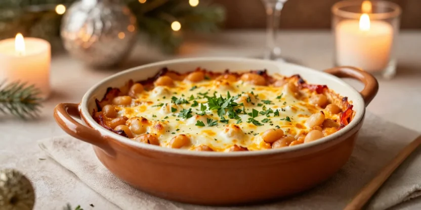 Cheesy white bean bake in a festive cozy setting with warm lighting