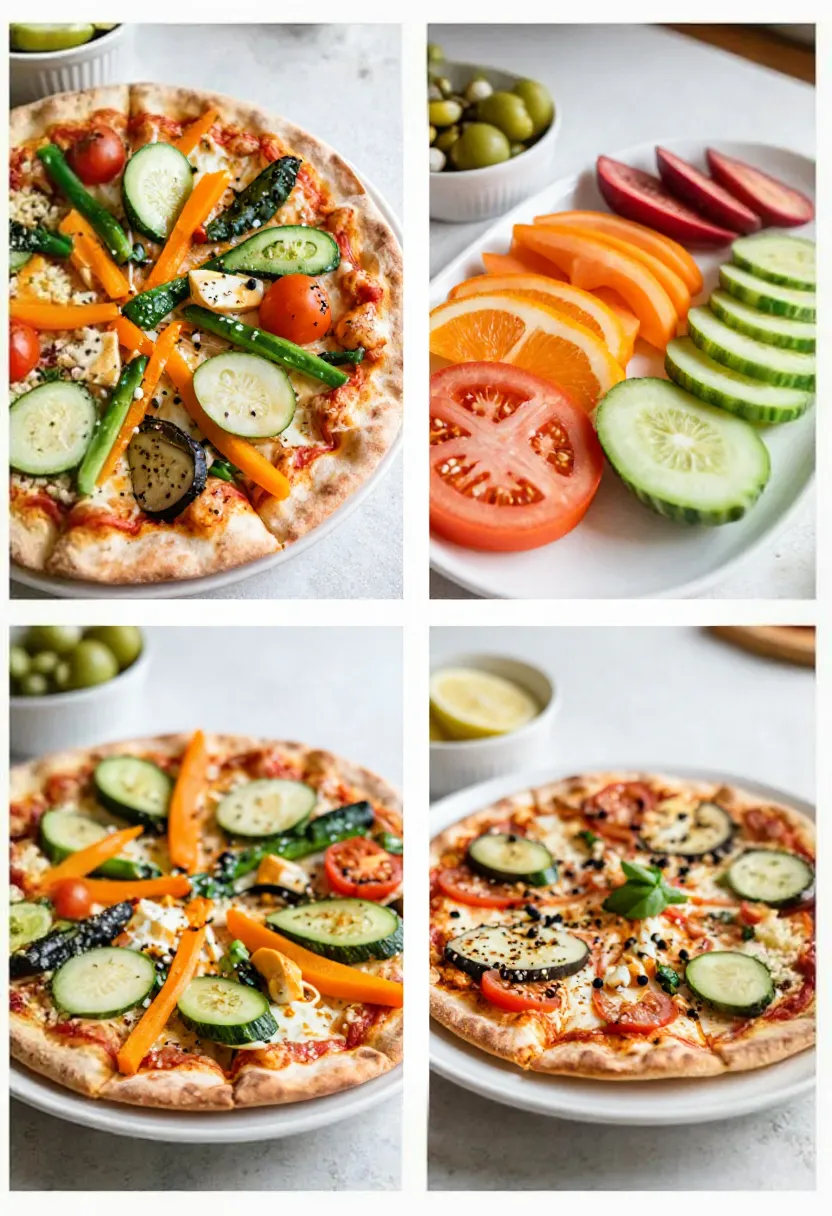 Collage of colorful flatbread pizza and fresh vibrant vegetables