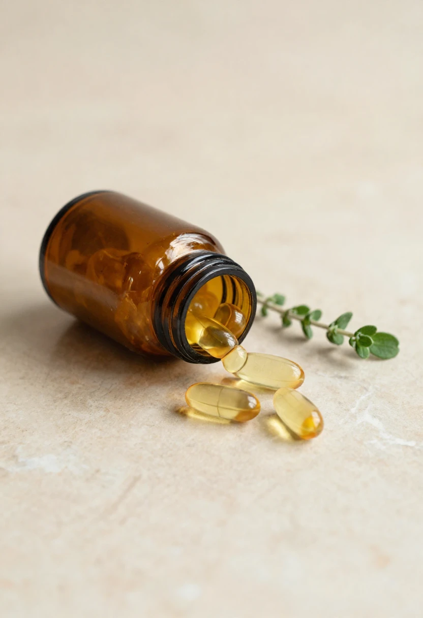 CoQ10 supplement capsules spilling from an amber glass bottle on a marble surface